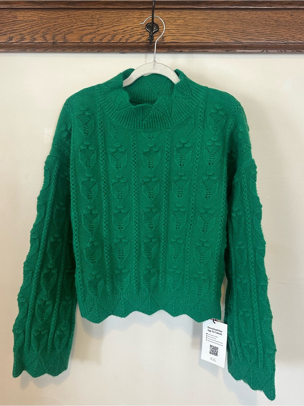 Green Cable-Knit Mock Neck Sweater